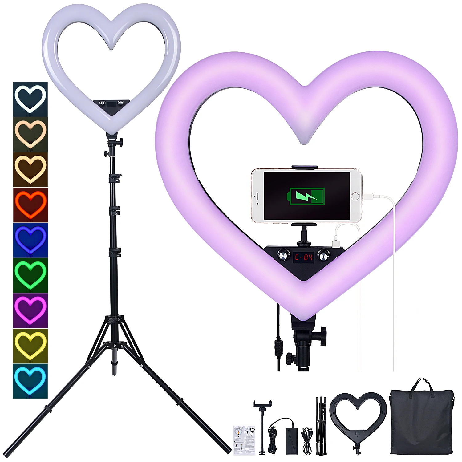 fosoto 19-дюймовый светодиодный RGB кольцевой светильник В форме Сердца, кольцевая лампа для фотосъемки, Со Штативом-подставкой Для Камеры телефона, Студия Макияжа