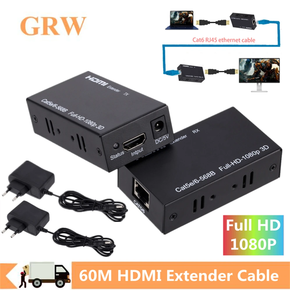 Grwibeou HDMI Удлинитель Cat5e Cat 6 Ethernet IP TCP сигнал HDMI в Lan Конвертер 1080p 3D HDMI Передатчик Приемник TX RX 60M