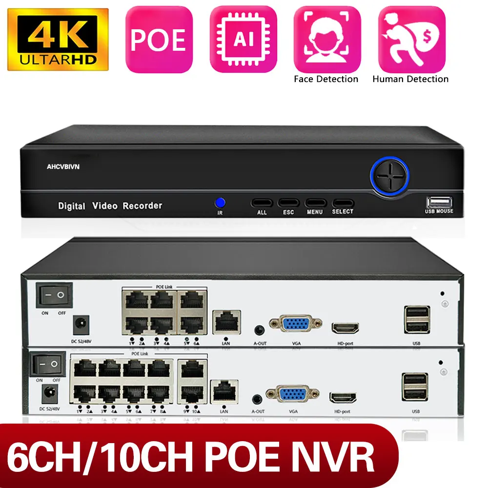 H.265 Face 10CH 8MP CCTV POE NVR Сетевой Видеорегистратор видеонаблюдения Для 4K 5MP IP-камеры XMEYE P2P Cloud 24/7 Запись 6CH 8CH