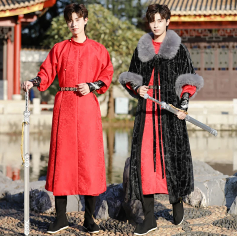 Hanfu Мужская китайская древняя вышивка, черная длинная куртка, красный халат, мужской костюм для косплея, новогодний костюм