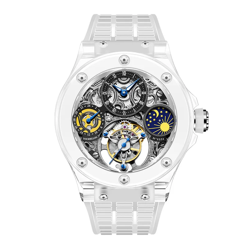 Haofa K9 Crystal Flying Tourbillon Часы GMT Фаза Луны Сапфировые Водонепроницаемые ручные механические наручные часы для мужчин класса Люкс 2231