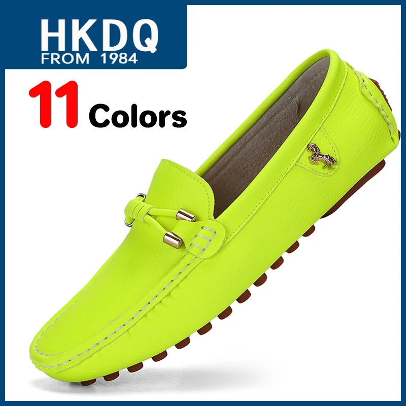 HKDQ/ Модные Мужские кожаные лоферы ярких цветов, Мягкая Удобная Повседневная обувь на плоской подошве, Мужские Дышащие Мокасины, Мужская обувь для вождения без Застежки