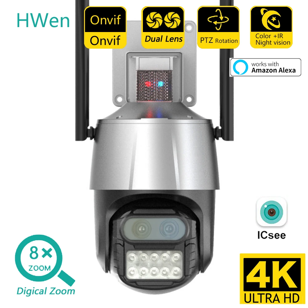 HWEN 8MP 4K IP-камера Беспроводная WiFi Камера безопасности Двухобъективная Цветная камера наблюдения ночного Видения с 8-кратным Цифровым зумом на открытом воздухе