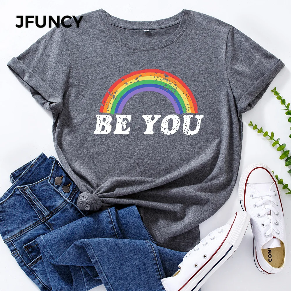 JFUNCY/ Женская хлопковая футболка с буквенным принтом 