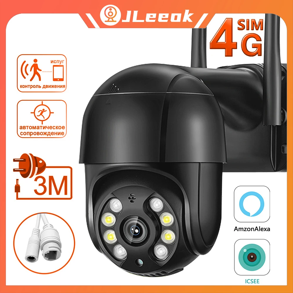 JLeeok 4K 8MP 4G SIM-Камера Видеонаблюдения AI Отслеживание человека WIFI IP-Камера Наружная Цветная PTZ-Камера Ночного Видения iCSee Alexa