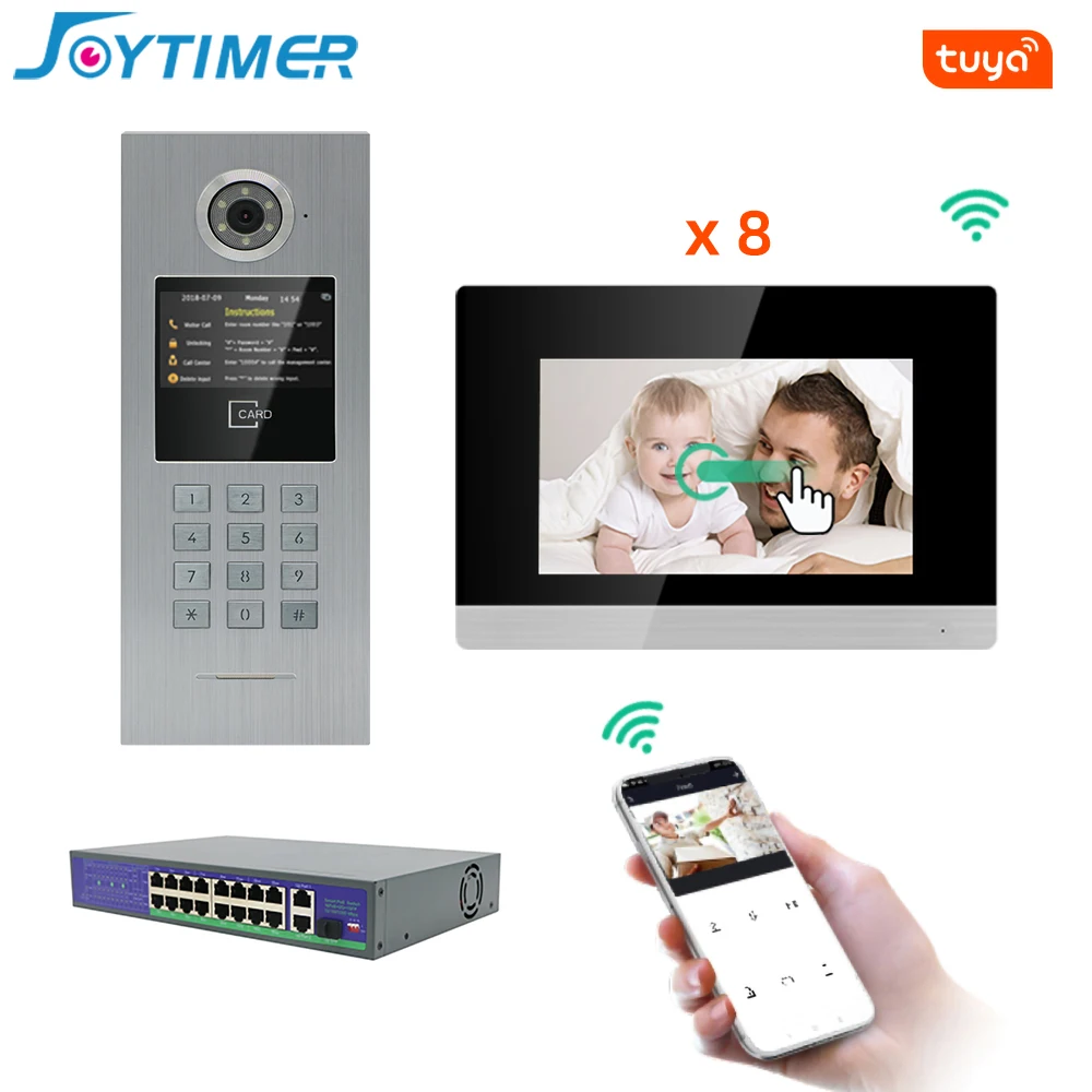 Joytimer IP WIFI Видеодомофон Tuya Беспроводная Система Видеодомофона для Многоквартирного Дома с Сенсорным экраном Пароли/Разблокировка карты