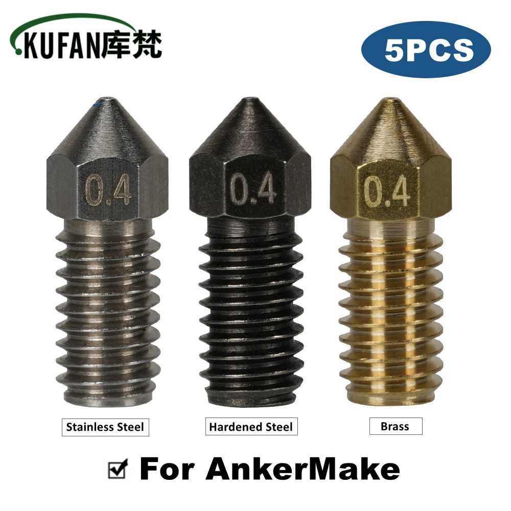 KUFAN 5 шт. Насадка для 3D-принтера Ankermake, закаленная Нержавеющая сталь, Латунь 0,4 мм, Резьбовые насадки M6, прочная износостойкость