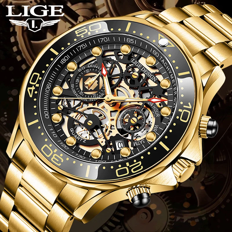LIGE Модные Мужские часы из чистого золота, Лучший бренд класса Люкс, кварцевые часы из нержавеющей стали для мужчин, Водонепроницаемые спортивные часы, мужской хронограф