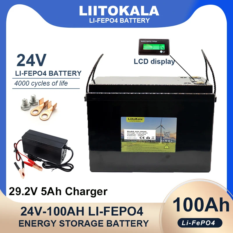 Liitokala 24V 100AH 32ah LiFePO4 Аккумуляторная батарея Литий-железо-фосфатная 25,6 В Инверторная Батарея для автомобильных прикуривателей 29,2 В Зарядное Устройство Не облагается налогом