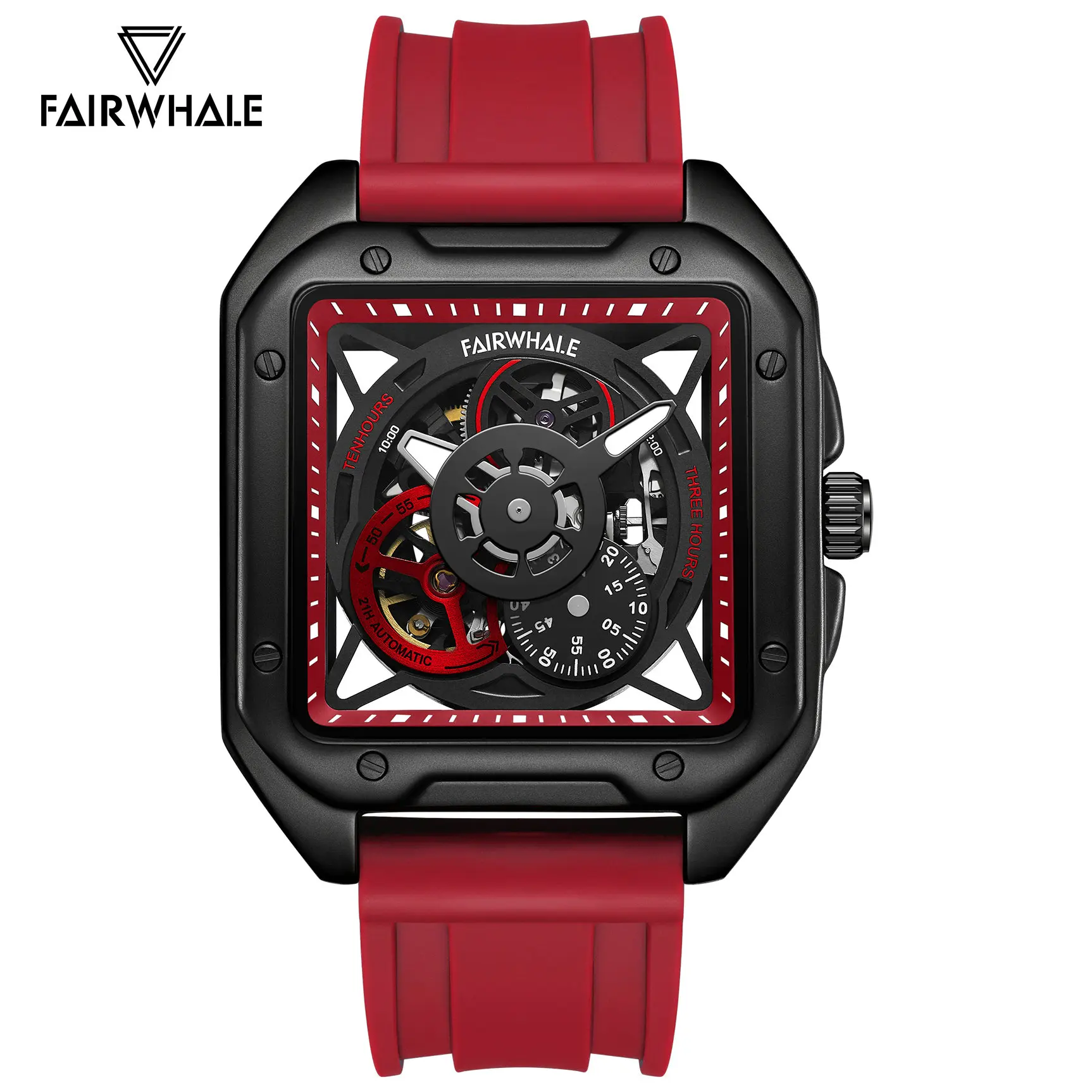 MARK FAIRWHALE Красные, черные Спортивные Автоматические механические часы для мужчин Со светящимися стрелками, Роскошные часы со скелетом, Модный Силиконовый ремешок