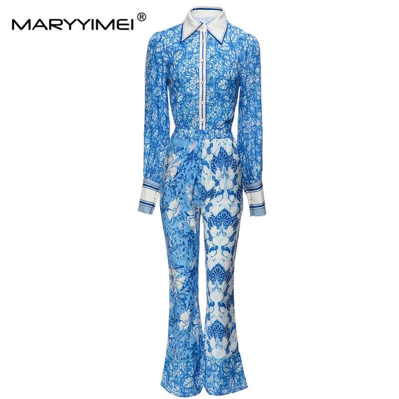 MARYYIMEI Винтажный праздничный костюм с синим принтом, Весна-осень, рукав-фонарик, воротник 