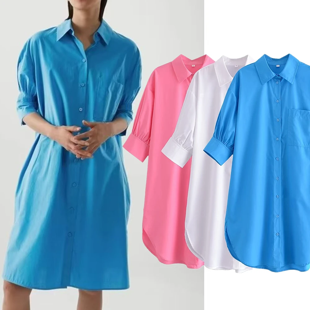 Maxdutti Пригородная повседневная хлопковая свободная блузка, модная рубашка, женский женский топ с пышными рукавами, длинный однотонный цвет