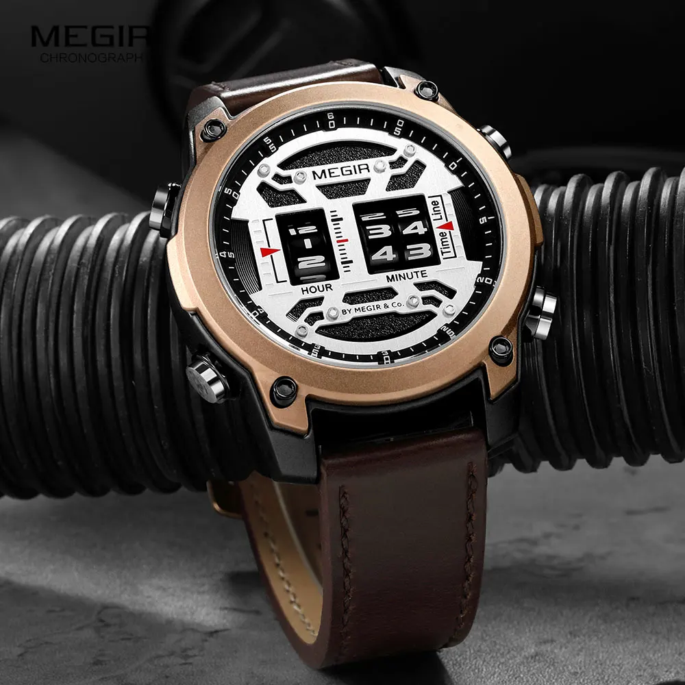 MEGIR Барабанные роликовые часы для мужчин, модные кварцевые наручные часы с кожаным ремешком, наручные часы часы мужские relogio masculino reloj montre