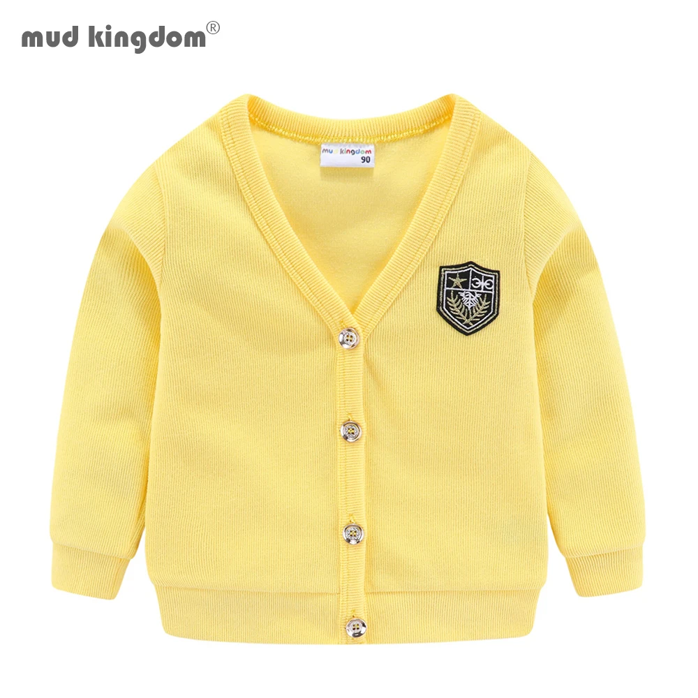 Mudkingdom/ Кардиган для мальчиков и девочек, верхняя одежда с вышивкой и аппликацией, Однобортный детский свитер, пальто с длинным рукавом и V-образным вырезом, одежда для мальчиков