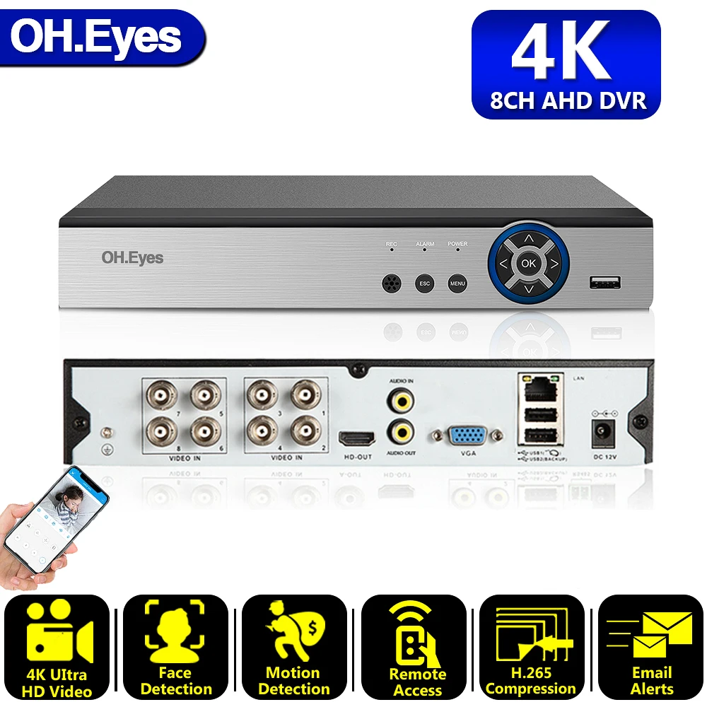 OH.eyes 8CH 4K AHD DVR AI H.265 Гибридный 8-мегапиксельный цифровой видеорегистратор NVR для 2-мегапиксельных 4-мегапиксельных 5-мегапиксельных 8-мегапиксельных AHD/TVI/CVI/XVI/IP-камер
