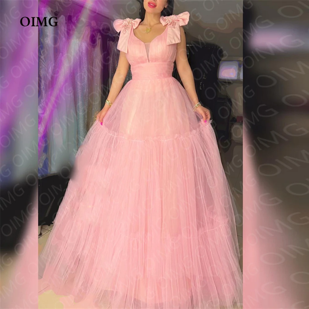 OIMG Сладко-розовый Длинный тюль трапециевидной формы Для официальных мероприятий, вечерние платья без рукавов с V-образным вырезом и бантом, вечерние платья на заказ для выпускного вечера в ночном клубе