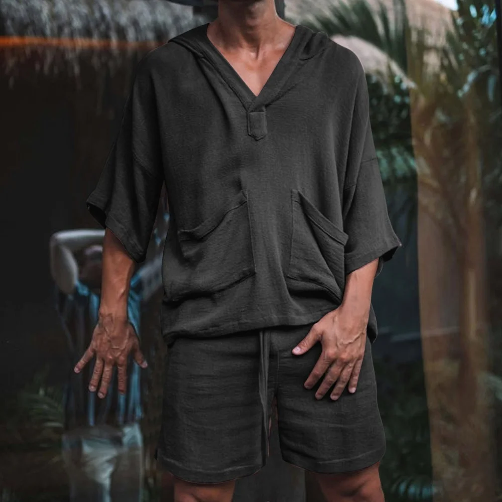 Pakaian Pria 2023 Pakaian Liburan Musim Panas Set Baju Hawaii Setelan Celana Pendek Pria 2 Potong Pakaian Liburan Sejuk Linen