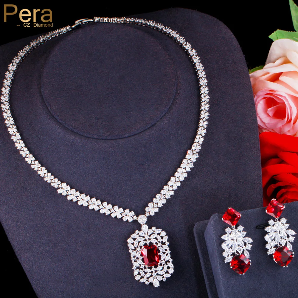 Pera / Винтажные блестящие серьги и ожерелье с крупным цветком из красного фианита и кристаллов, Роскошные наборы свадебных украшений для женщин, аксессуары J402