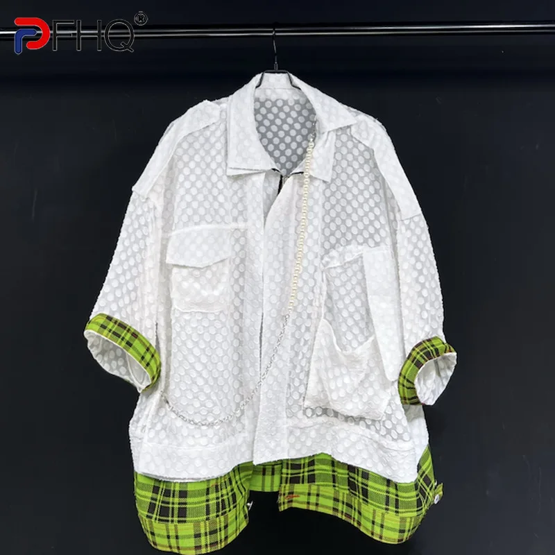 PFHQ 2023 Летние Новые Модные Рубашки в стиле Пэчворк Контрастного Цвета Для Мужчин С Коротким рукавом, Однобортная Свободная Мужская Блузка Tide 21F3549
