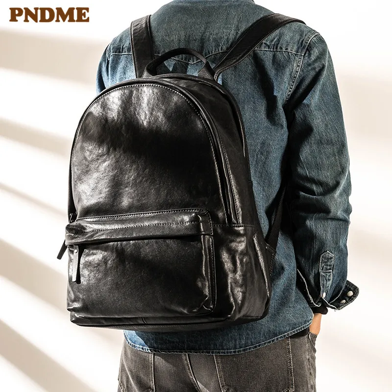 PNDME открытый повседневный мужской женский рюкзак из высококачественной натуральной кожи высокого качества, простой роскошный дорожный рюкзак из натуральной воловьей кожи, черный школьный рюкзак
