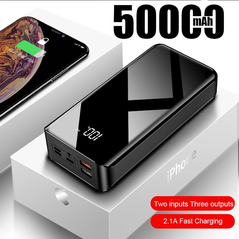 PowerBank 50000 мАч USB Портативный дополнительный вспомогательный аккумулятор Мобильный банк питания зарядное устройство Для iPhone 13 Xiaomi 11 carregador portátil