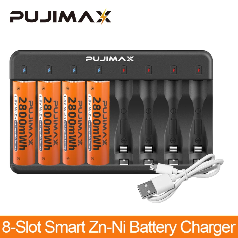 PUJIMAX Новое 8-Слотное Ni-Zn Зарядное устройство Со светодиодным индикатором + 4шт AA 1,6 V 2800mWh Перезаряжаемая Ni-Zn батарея Для Игрушек-Фонариков