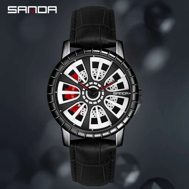 SANDA P1054 2023 Модные дизайнерские мужские немеханические часы с вакуумным покрытием в стиле колеса из натуральной кожи Relojes De Hombre