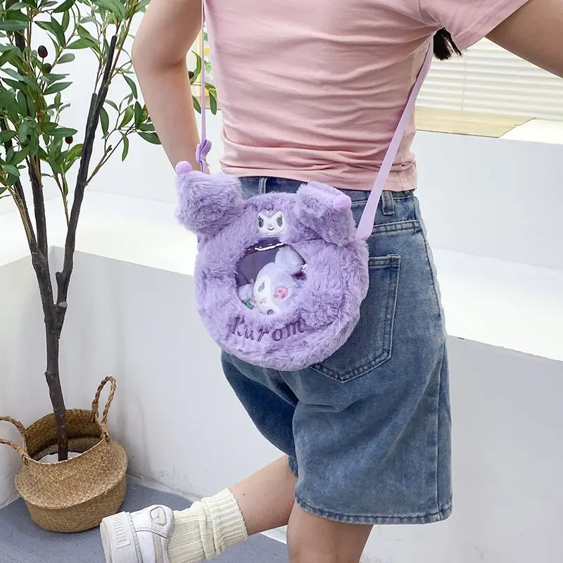 Sanrio Kuromi мультяшный рюкзак Melody Cinnamoroll, портативная сумка через плечо, плюшевая молния, мягкий и очаровательный кошелек для хранения, сумочка