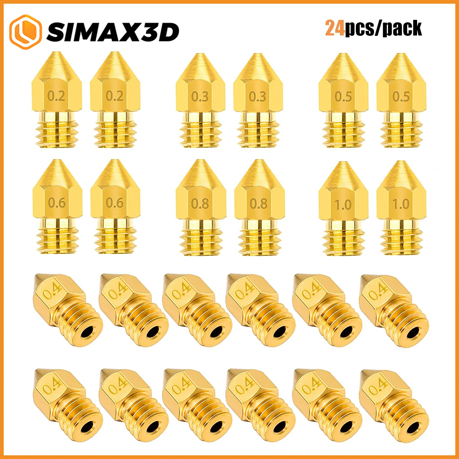 SIMAX3D 24 шт. Набор Латунных сопел для экструдера MK8 0,2 мм, 0,3 мм, 0,4 мм, 0,5 мм, 0,6 мм, 0,8 мм, 1,0 мм для Makerbot CR-10 Ender 3 5