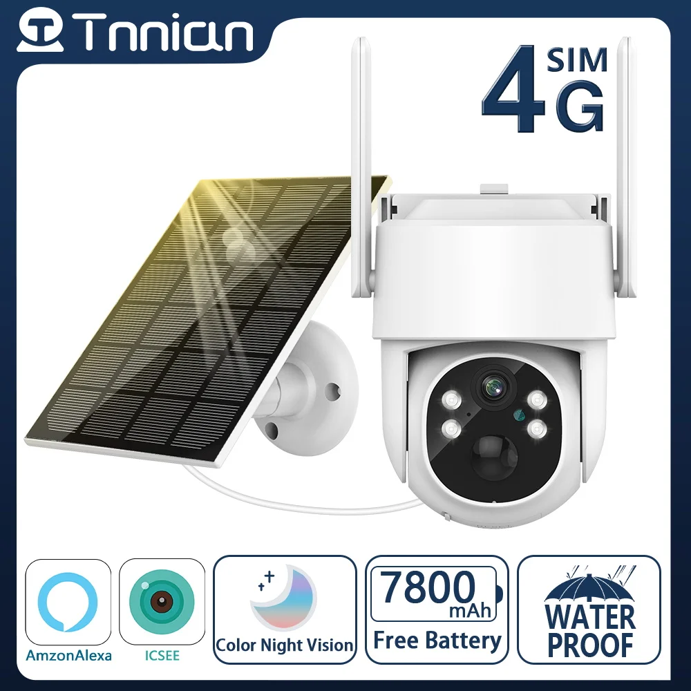 Tnnian 5MP 4G Солнечная камера, встроенный аккумулятор емкостью 7800 мАч, обнаружение человека PIR, наружная система видеонаблюдения, WIFI-камера iCSee PRO