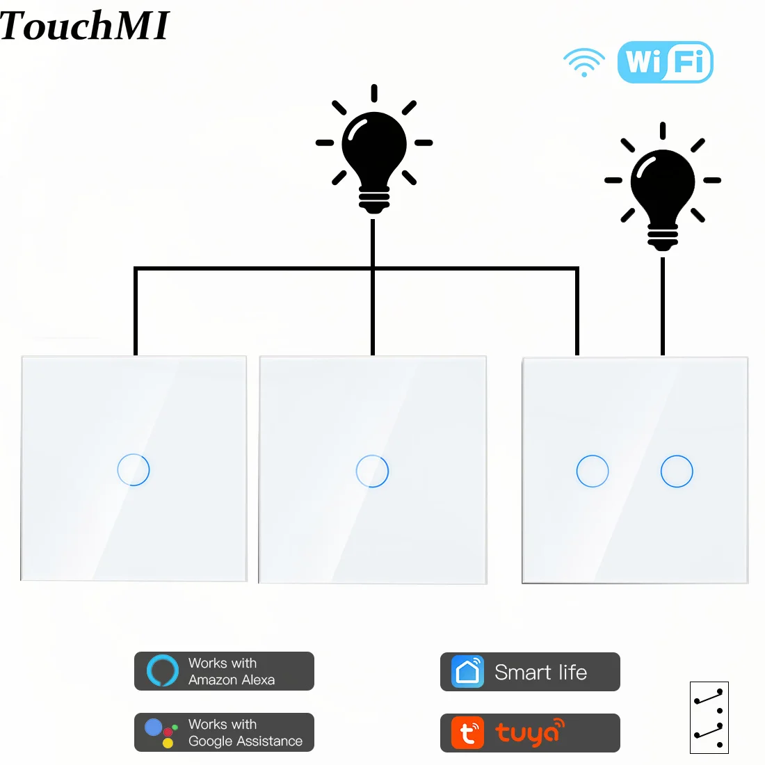 TouchMI Wifi Лестницы Настенные Выключатели Smart Touch 1/2 /3 gang 3way Сенсорный выключатель Tuya Smart Life Google Alexa App Control Стеклянная панель