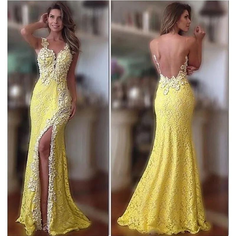 Vestidos 2018 Желтое кружевное вечернее платье 
