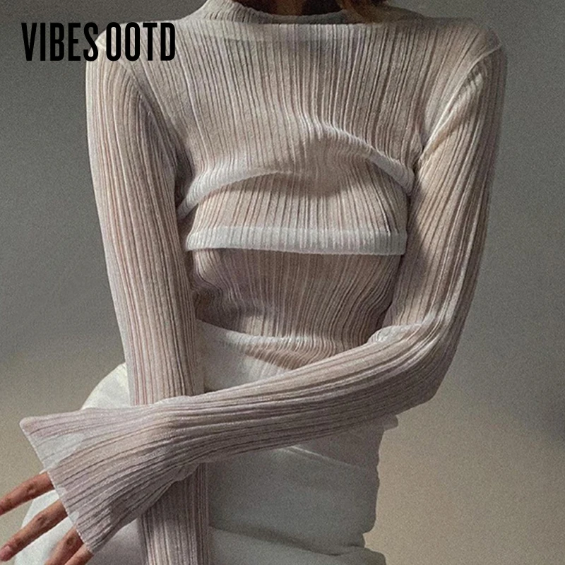 VIBESOOTD/ Весенне-осенние Элегантные Прозрачные женские топы с длинным рукавом и имитацией шеи, модная уличная одежда, Сексуальные футболки, тройники, тонкая одежда