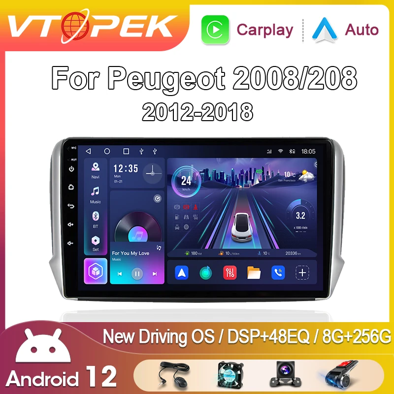 Vtopek 2Din Android 12 Автомобильный Радио Мультимедийный плеер Стерео для Peugeot 2008 208 2012 - 2018 Навигация Беспроводное Головное устройство CarPlay