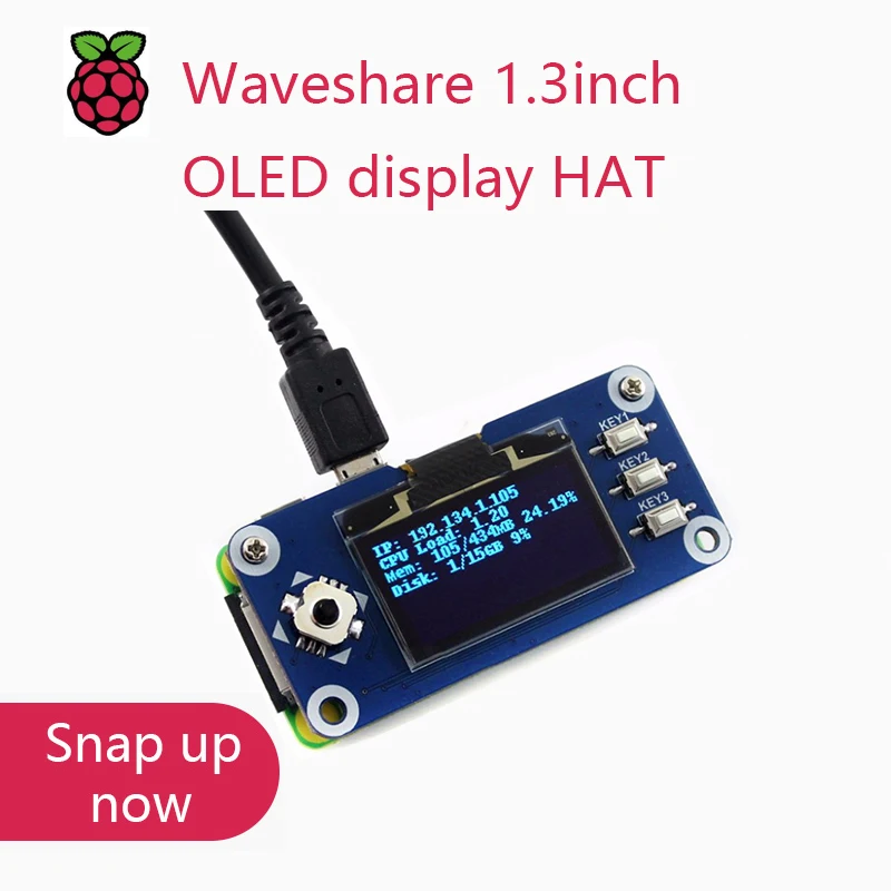 Waveshare 1,3-дюймовый OLED-дисплей HAT для Raspberry Pi 2B/3B/3B + /Zero/Zero W, 128x64 пикселей, SPI, интерфейс I2C, встроенный контроллер
