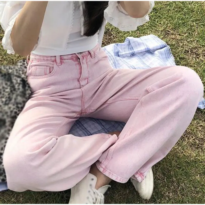 Y2K Винтажные розовые широкие прямые джинсы, Новинка Весны, женские джинсовые брюки Свободного размера в стиле Харадзюку с высокой талией, Женские брюки E Girl