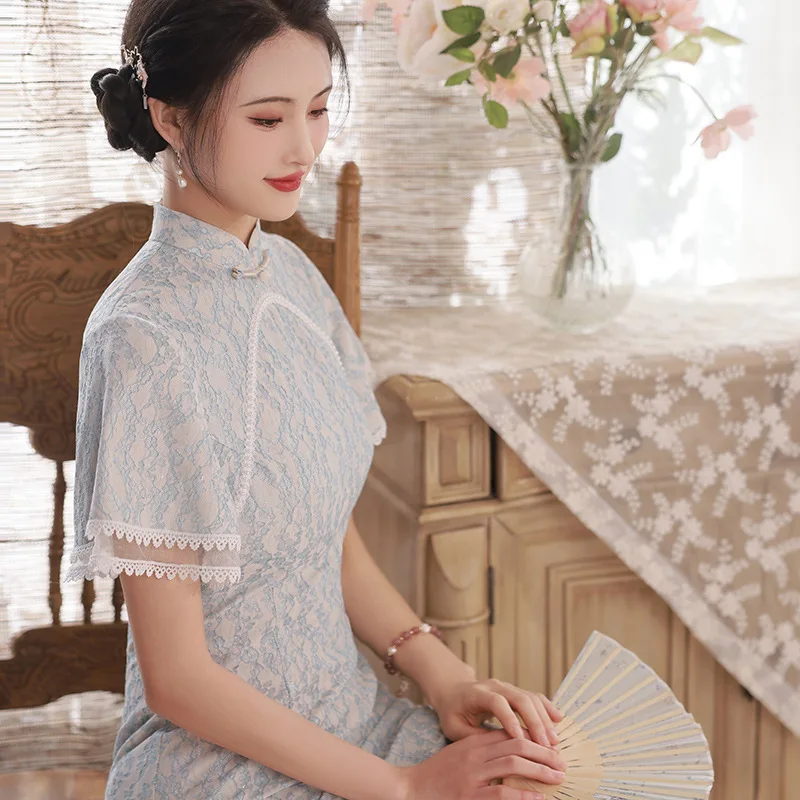 Yourqipao 2023 Летнее Новое Кружевное Жаккардовое Винтажное Элегантное Вечернее Платье Ципао в Китайском Стиле для женщин