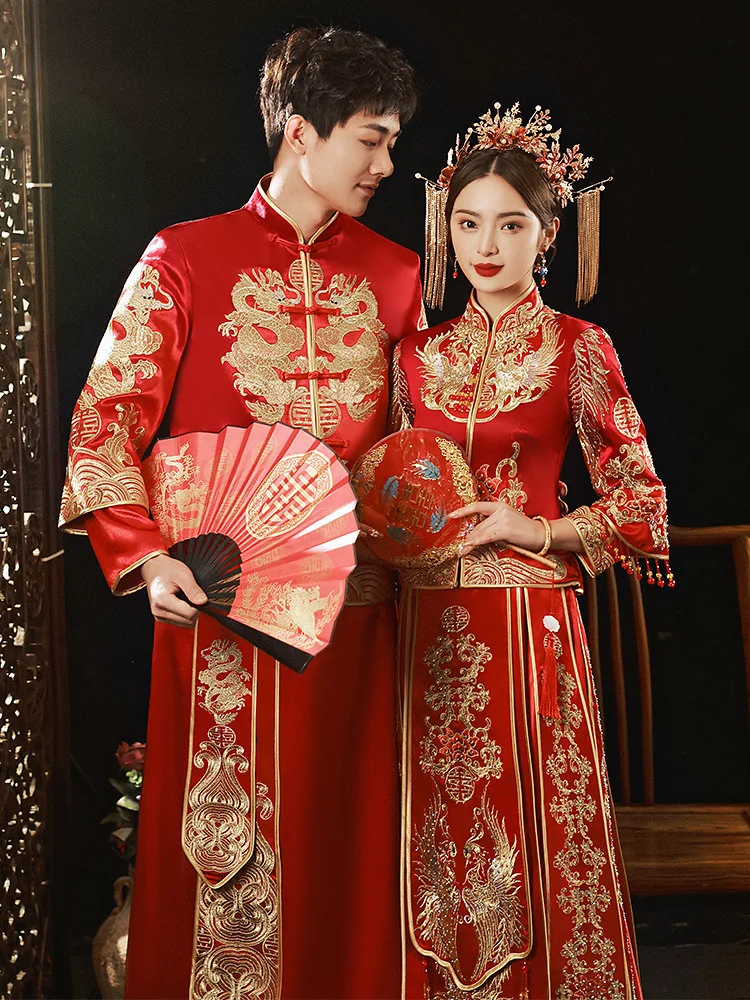 Yourqipao Lovers Вышивка Феникса Cheongsam Свадебное платье в китайском стиле Свадебный костюм Для невесты Винтажная Изысканная Одежда с блестками