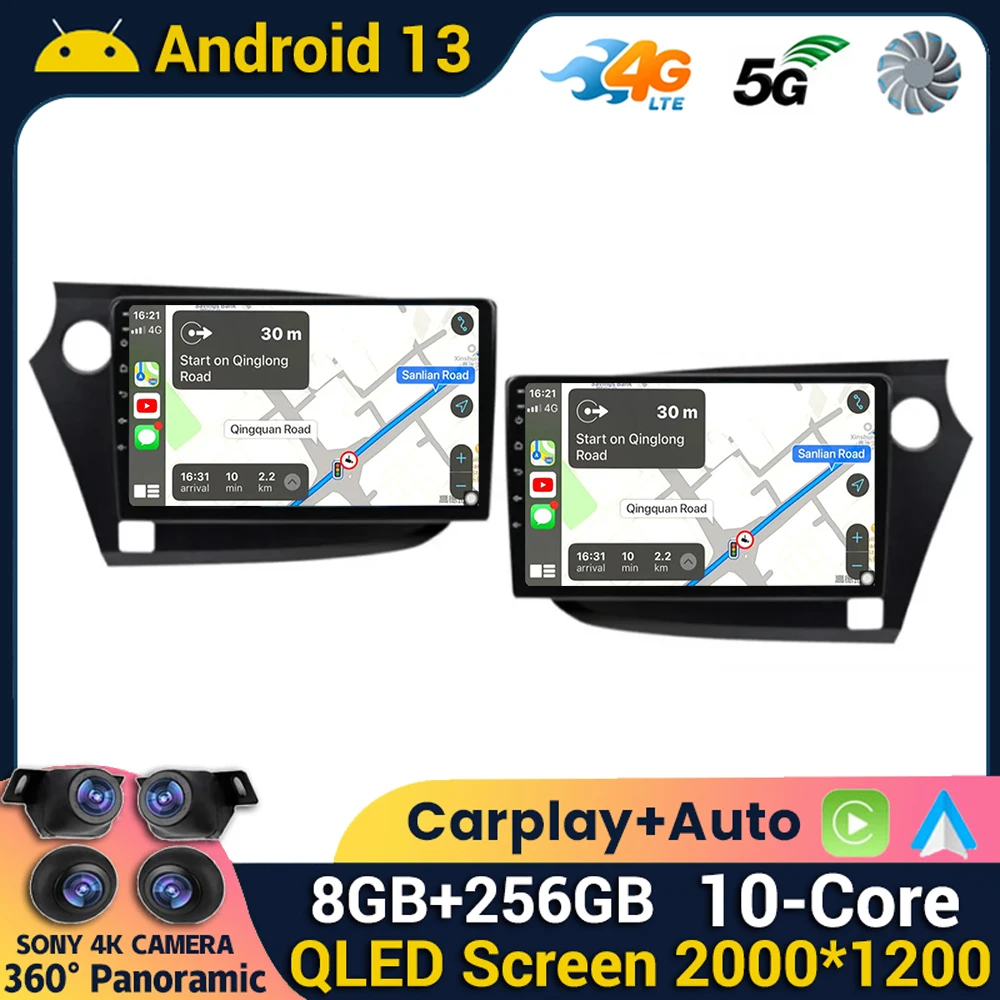 Автомагнитола Android 13 Carplay Auto для HONDA INSIGHT 2 2009 2010 2011 2012 2013 2014 Navi GPS, мультимедийный плеер, стереокамера 360