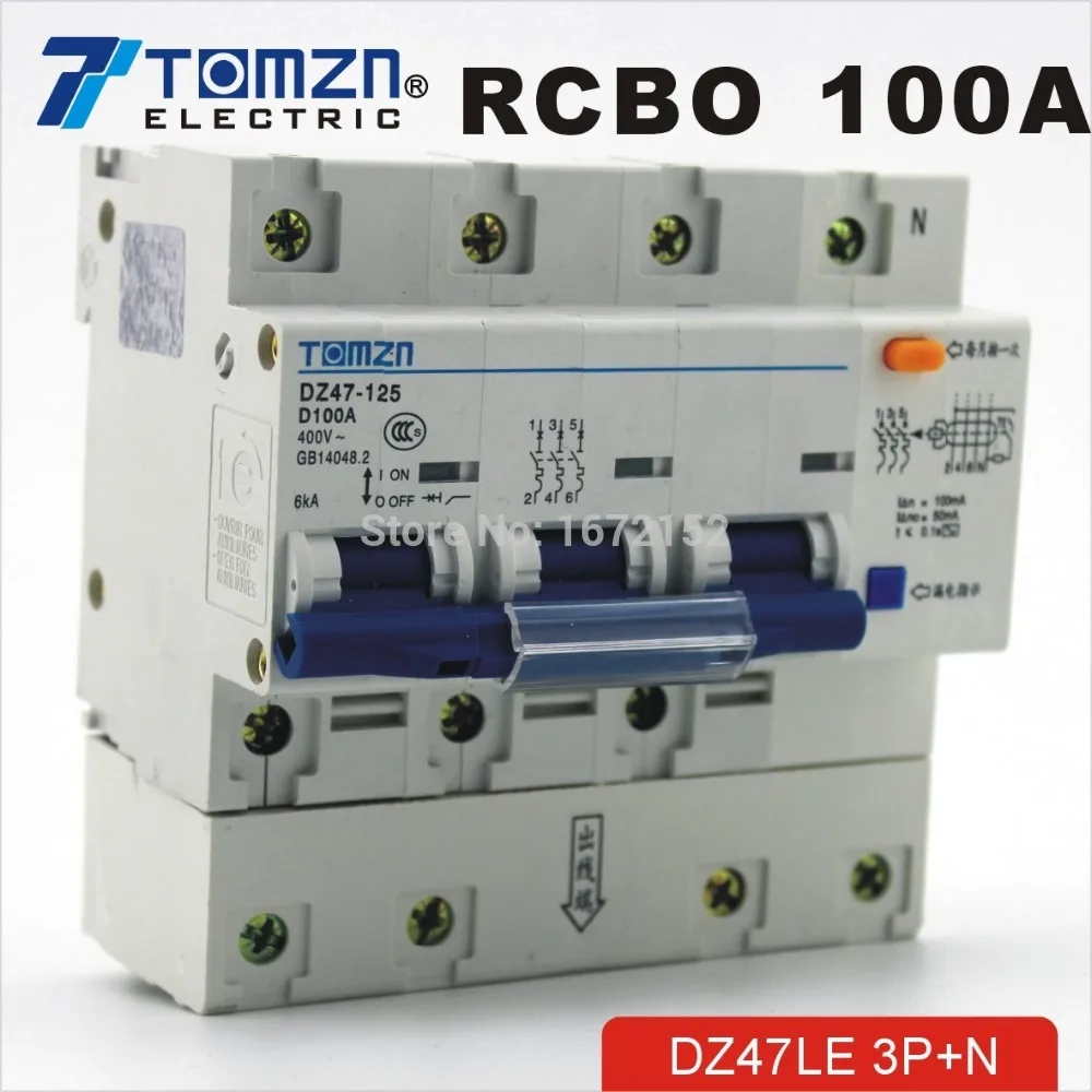 Автоматический выключатель остаточного тока DZ47LE 3P + N 100A D типа 400V ~ 50HZ/60HZ с защитой от перегрузки по току и утечки RCBO