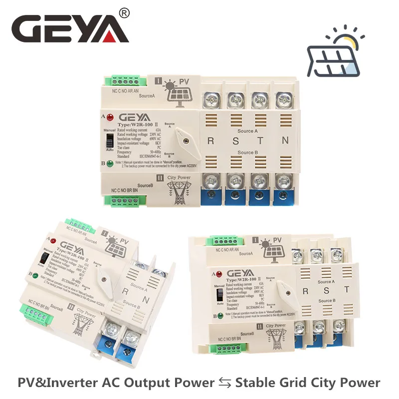 Автоматический переключатель передачи солнечной энергии GEYA on-Grid Dual Power 2P 3P 4P 63A 100A 110V 220V ATS PV System на Городское питание БЕЗ прерываний