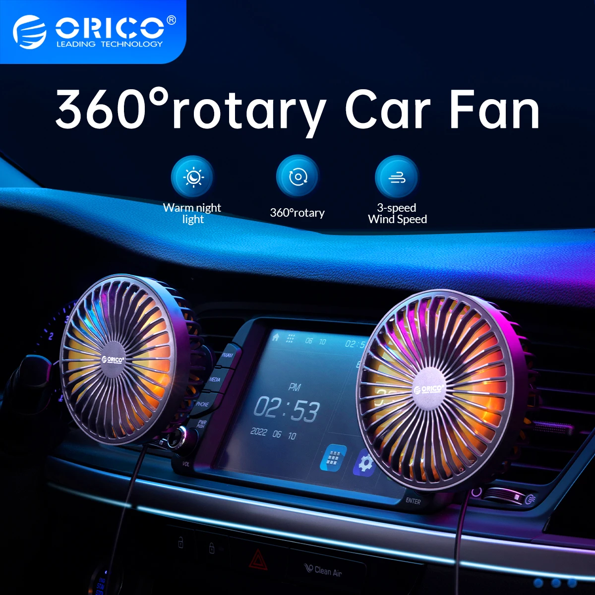 Автомобильный Вентилятор ORICO USB 5V, Вращающийся на 360 Градусов, Охлаждающий автомобильный вентилятор, 3-ступенчатый вентилятор-кулер с ночным освещением, Летний автомобильный вентилятор для грузовых автомобилей