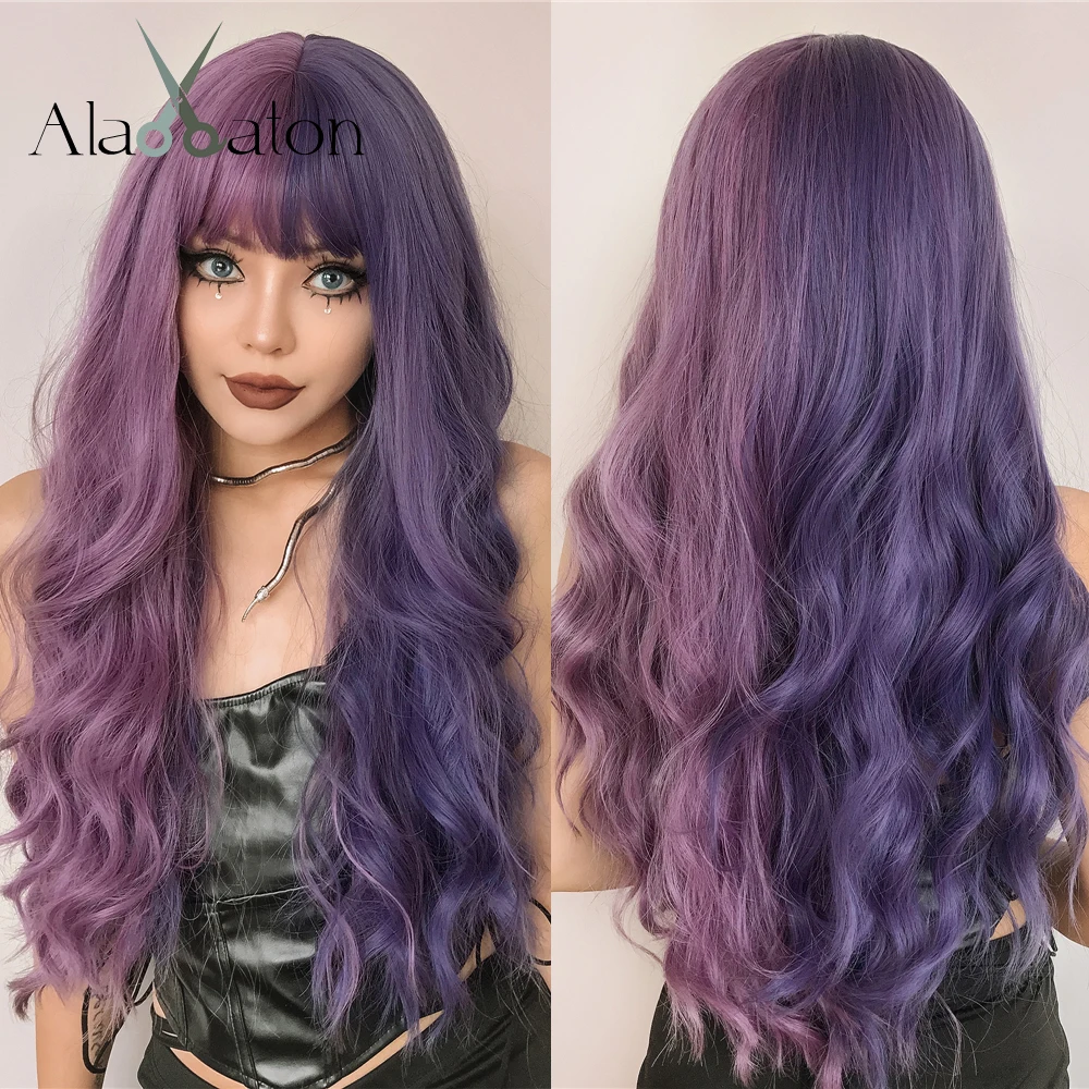 Алан ИТОН, Синие, наполовину фиолетовые синтетические парики для женщин, Длинный Волнистый парик для косплея с челкой, вечерние волосы в стиле Лолиты, Высокая температура