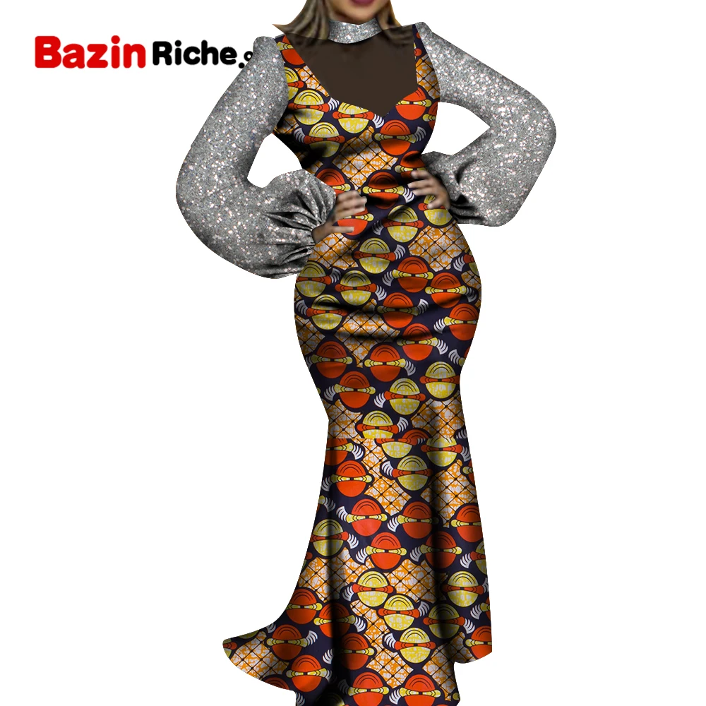 Африканские платья для женщин, женские Платья с длинным рукавом, Дашики с принтом Анкары, Свадебная одежда с запахом WY1119