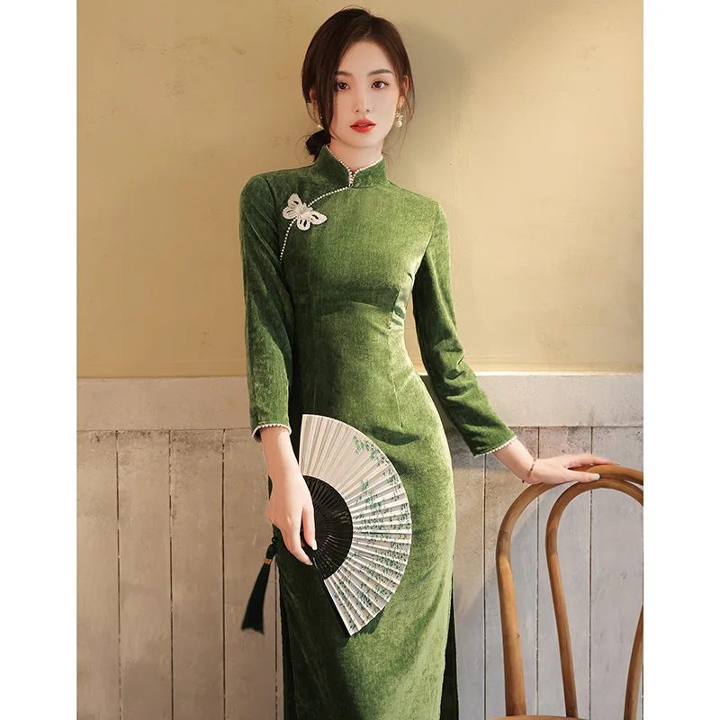 Бархатные вечерние платья Ципао, Зеленое шелковое платье Чонсам с принтом, китайский традиционный восточный длинный костюм большого размера