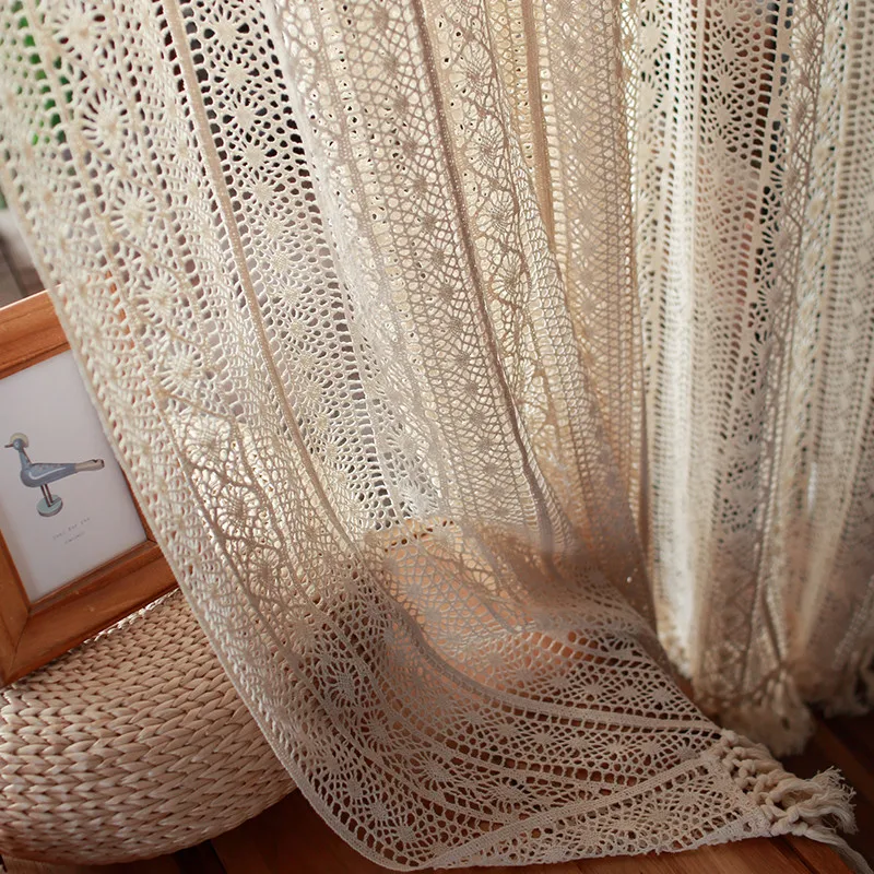 Бежевые занавески из хлопчатобумажных ниток, связанные крючком в стиле Бохо-Шик, Прозрачные шторы ручной работы с кисточками на окнах Для гостиной, террасы фермерского дома