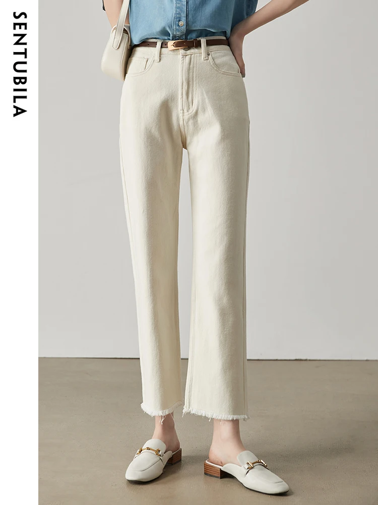Белые джинсы Sentubila с высокой талией для женщин 2023, Весенне-летние модные однотонные хлопковые джинсовые брюки с прямыми штанинами, уличные брюки