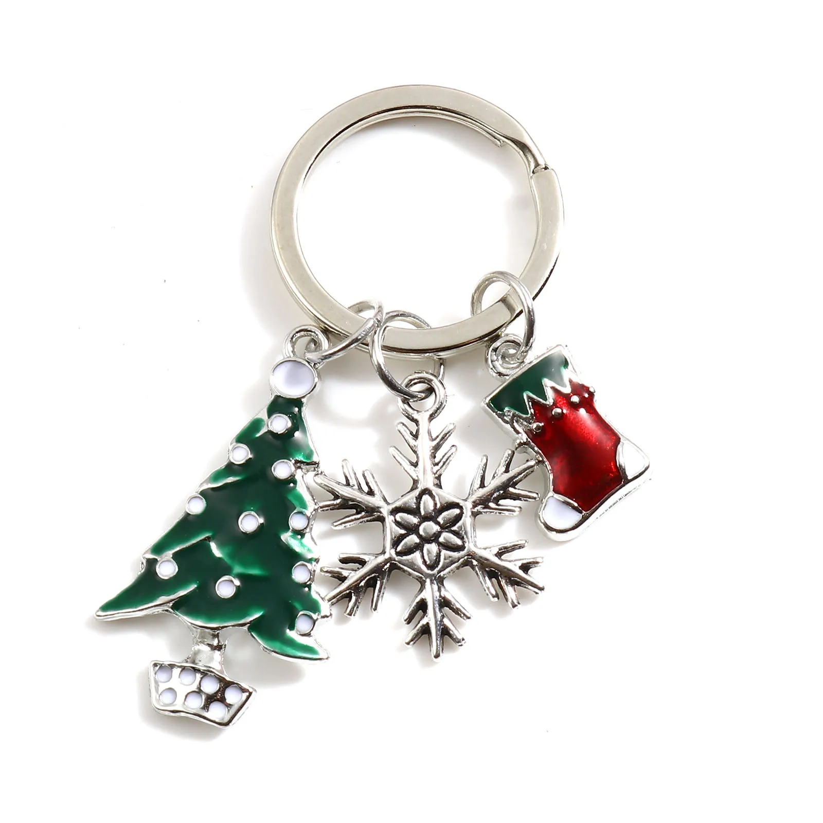 Брелок для ключей Серебристого цвета, красная и зеленая Рождественская елка, Рождественский чулок, Рождественские украшения в виде снежинок длиной 6,1 см (2 3/8 