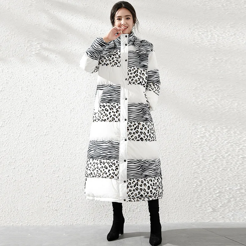 Бренд 2021, зимняя куртка, женские куртки dwon из белой утки, леопардовое пуховое пальто с капюшоном X-long Outerwer, утолщающая женская пуховая парка