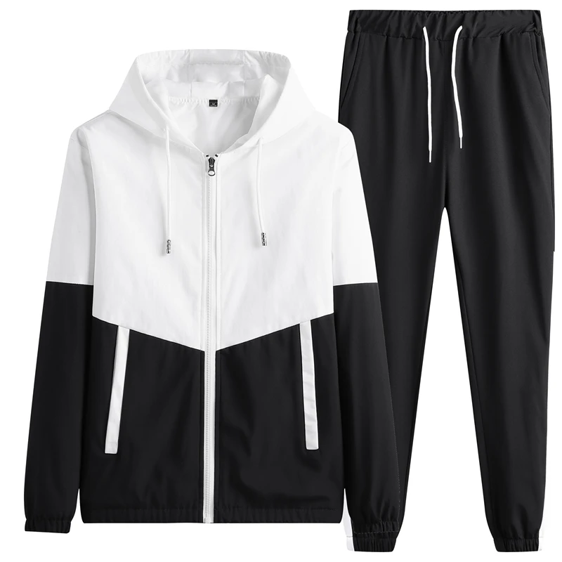 Брендовый мужской спортивный Костюм, Уличная одежда, комплекты в стиле пэчворк, куртка с капюшоном из 2 предметов на молнии + брюки, Повседневный спортивный костюм, дышащие джоггеры